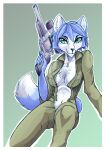  2018 5_fingers anthro black_nose blue_body blue_fur blue_hair border breasts canid canine chest_tuft cleavage clothed clothing digital_drawing_(artwork) digital_media_(artwork) dipstick_tail female fingers fox fur gradient_background gun hair handgun hi_res holding_gun holding_handgun holding_object holding_revolver holding_weapon inner_ear_fluff jumpsuit krystal looking_at_viewer mammal markings multicolored_body multicolored_fur naaraskettu navel nintendo open_jumpsuit portrait ranged_weapon revolver simple_background star_fox tail tail_markings teal_eyes three-quarter_portrait tuft two_tone_body two_tone_fur weapon white_body white_border white_fur 