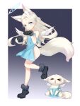  1girl 1other :3 absurdres alternate_costume angel_wings animal_ears animal_hands animalization apron ass bangs blue_archive blue_eyes commentary_request dual_persona feathered_wings forehead fox fox_ears fox_girl fox_tail gloves grey_hair hair_ribbon halo highres kemonomimi_mode long_hair looking_at_viewer n3moni naked_apron parted_bangs paw_gloves paw_pose ribbon sidelocks simple_background sleeveless smile sora_(blue_archive) standing standing_on_one_leg tail v-shaped_eyebrows white_wings wings 