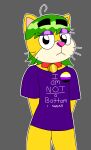  ambiguous_gender anthro clothing collar collar_tag cowlick domestic_cat eyebrows felid feline felis fur green_hair grey_background hair hi_res lgbt_pride looking_at_viewer mammal nonbinary_(lore) nonbinary_pride_colors oversized_shirt pajamas pride_colors pride_pin purple_clothing purple_eyelids purple_shirt purple_topwear rebel_cat rebeltrash shirt simple_background solo standing thick_eyebrows topwear yellow_body yellow_fur 