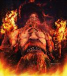  00osamio00 1boy beard braid braided_beard cyclops elden_ring facial_hair fire fire_giant_(elden_ring) giant highres instagram_username long_beard long_hair looking_down one-eyed pyrokinesis red_eyes red_hair sharp_teeth solo standing teeth topless_male twitter_username 