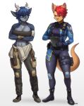  2023 absurd_res anthro biped blue_hair canid canine clipboard clothing digital_media_(artwork) duo female footwear fox full-length_portrait hair hi_res horn kangaroo macropod mammal marsupial pgm300 portrait shoes signature tools wrench 