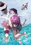 beach bikini black_hair blurry blurry_background carrying carrying_over_shoulder fate/grand_order fate_(series) flower fujimaru_ritsuka_(male) gae_bolg_(fate) hair_flower hair_ornament hibiscus highres hztwo male_swimwear non-web_source ocean pink_bikini purple_hair red_eyes running sarong scathach_(fate) scathach_(swimsuit_assassin)_(fate) shark shorts swim_trunks swimsuit 