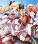  2girls :d bangs bare_shoulders black_bow blonde_hair blue_sky bow collarbone dress elise_(fire_emblem) elise_(valentine)_(fire_emblem) fire_emblem fire_emblem_fates fire_emblem_heroes flower hair_bow hair_flower hair_ornament hairband heart highres japanese_clothes kimono leon0630claude long_sleeves looking_at_viewer multicolored_hair multiple_girls official_alternate_costume open_mouth pink_bow pink_eyes pink_hair purple_eyes purple_hair sakura_(fire_emblem) sakura_(valentine)_(fire_emblem) sky smile twintails two-tone_hair white_dress white_hairband white_kimono wide_sleeves 