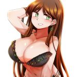  1girl arm_up bangs black_bra black_survival blush bra breasts brown_hair cleavage commentary_request earrings frilled_bra frills green_eyes grin gweon_sua hand_in_own_hair highres jewelry kurodani_yamame large_breasts long_hair looking_at_viewer navel rinyamame sidelocks simple_background smile solo touhou underwear upper_body very_long_hair white_background 