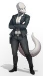  2023 absurd_res anthro belt black_bottomwear black_clothing black_pants bottomwear breasts clothing crossed_arms digital_media_(artwork) female footwear full-length_portrait gun hi_res holster pants pgm300 portrait ranged_weapon reptile scalie shoes solo suit uniform unimpressed weapon white_body 