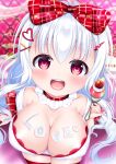  blush bow breasts cleavage cream cream_on_breasts food fork fruit hair_bow highres holding holding_fork large_breasts long_hair nail_polish open_mouth oppai_loli original pink_eyes red_bow rinna_rika strawberry sweets whipped_cream white_hair 
