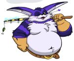  anthro belly belt big_the_cat blush bust_portrait clothing cryptidpunk cute_fangs domestic_cat felid feline felis fishing_rod flirting fur gloves handwear hi_res male mammal navel one_eye_closed overweight portrait purple_body purple_fur sega simple_background solo sonic_the_hedgehog_(series) white_background wink yellow_eyes 