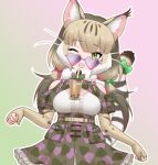  1girl animal_ears belt camouflage cat_ears cat_girl cat_tail cup drinking_straw elbow_gloves extra_ears fingerless_gloves glasses gloves green_eyes grey_hair holding holding_cup jungle_cat_(kemono_friends) kemono_friends kemono_friends_v_project long_hair looking_at_viewer microphone official_art one_eye_closed ribbon shirt simple_background skirt solo suspenders tail twintails virtual_youtuber yoshizaki_mine 
