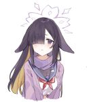  1girl :&lt; animal_ears ao_(mintz) black_hair blonde_hair blue_archive blue_sailor_collar cardigan closed_mouth colored_inner_hair crop_top hair_over_one_eye halo highres long_hair looking_at_viewer multicolored_hair neckerchief open_cardigan open_clothes purple_cardigan purple_eyes purple_scarf red_neckerchief sailor_collar scarf school_uniform serafuku simple_background solo tsukuyo_(blue_archive) upper_body white_background white_serafuku 