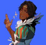  1boy black_hair bright_pupils brown_eyes circlet d4ggerfish dark-skinned_male dark_skin feather-trimmed_sleeves feather_trim feathers fire_emblem fire_emblem_engage fogado_(fire_emblem) hand_up highres looking_at_viewer male_focus one_eye_closed salute shirt short_hair simple_background solo sparkle star-shaped_pupils star_(symbol) symbol-shaped_pupils teeth two-finger_salute white_feathers white_pupils white_shirt 