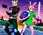  3d_(artwork) a_link_to_the_past anthro blonde_hair blue_eyes canid canine clothed clothing digital_media_(artwork) duo erection fox fox_mccloud fur gun hair hi_res holding_gun holding_object holding_weapon lagomorph leporid link_(rabbit_form) looking_at_viewer male malicekira mammal master_sword melee_weapon nintendo pink_body pink_fur rabbit ranged_weapon shield star_fox sword the_legend_of_zelda weapon 