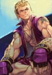  1boy arm_tattoo biceps black_gloves blonde_hair blue_eyes buzz_cut chest_tattoo fingerless_gloves gloves hair_slicked_back hungry_clicker luke_sullivan male_focus muscular muscular_male parted_lips pectorals purple_shorts purple_vest shadow short_hair shorts sitting smile solo street_fighter street_fighter_v tattoo very_short_hair vest 