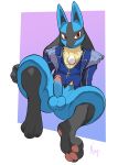  absurd_res anthro anus balls blue_body bottomless butt clothed clothing generation_4_pokemon genitals hi_res humanoid_genitalia humanoid_penis looking_at_viewer lucario male negger nintendo penis pokemon pokemon_(species) red_eyes solo spread_legs spreading 