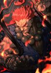  1boy akuma_(street_fighter) angry beads bracelet fighting_stance fire hungry_clicker jewelry male_focus muscular muscular_male parted_lips ponytail prayer_beads red_eyes red_hair rope shadow solo street_fighter upper_body 