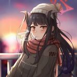  1girl absurdres alternate_costume beanie black_hair blue_archive blurry blush cigarette closed_mouth demon_horns depth_of_field fuuka_(blue_archive) grey_jacket halo hat highres horns jacket long_hair long_sleeves looking_at_viewer outdoors red_eyes red_scarf scarf solo sunset treerootbeard upper_body white_headwear 