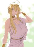  1girl ahoge artoria_pendragon_(fate) artoria_pendragon_(lancer)_(dream_portrait)_(fate) artoria_pendragon_(lancer)_(fate) backlighting bangs bare_shoulders blonde_hair bracelet bracer braid breasts cleavage dress fate/grand_order fate_(series) french_braid green_eyes hair_between_eyes highres jewelry large_breasts long_hair looking_at_viewer lvl_(sentrythe2310) neck_ring necklace sidelocks smile solo tiara white_dress 