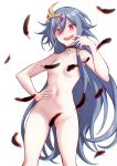  1girl absurdres bangs breasts censored censored_nipples choker collarbone convenient_censoring cowboy_shot fangs feathers finger_in_own_mouth fu_hua fu_hua_(herrscher_of_sentience) grey_hair groin hair_between_eyes hair_censor hair_ornament hair_over_breasts hair_over_one_breast highres honkai_(series) honkai_impact_3rd jo_an linea_alba long_hair looking_at_viewer mouth_pull navel nude open_mouth red_eyes simple_background small_breasts solo teeth thigh_gap very_long_hair white_background 