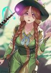  1girl absurdres blue_eyes blurry blurry_background braid breasts commentary_request dress green_dress green_headwear hat highres hogwarts_legacy kagematsuri long_hair long_sleeves looking_at_viewer medium_breasts mirabel_garlick parted_lips pov red_hair solo twin_braids twitter_username wand witch_hat 
