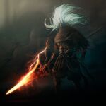  1boy absurdres armor brown_cloak cloak covered_face covered_mouth crown dark_souls_(series) dark_souls_iii glowing glowing_weapon highres holding holding_polearm holding_weapon hollow_eyes lightning long_hair martinleborgne nameless_king polearm red_lightning solo spear weapon white_hair 