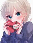  1girl anastasia_(idolmaster) bangs blue_sweater blush box covering_mouth gift heart heart-shaped_box highres holding holding_gift idolmaster idolmaster_cinderella_girls long_sleeves looking_at_viewer portrait rua_(idv) short_hair simple_background solo sweater turtleneck turtleneck_sweater valentine white_background 