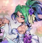  1girl akali arm_behind_back bangs bare_shoulders blue_eyes blue_hair bouquet closed_mouth commentary crystal_rose_akali detached_collar detached_sleeves dress expressionless flower food green_hair grey_dress hand_up holding holding_bouquet juliet_sleeves league_of_legends long_hair long_sleeves looking_at_viewer looking_back multicolored_hair official_alternate_costume phantom_ix_row pink_flower plant ponytail puffy_sleeves purple_flower red_flower shiny_skin strapless strapless_dress symbol-only_commentary two-tone_hair 