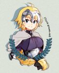  1girl blonde_hair blue_eyes braid breasts capelet commentary_request cropped_torso dated fate/apocrypha fate/grand_order fate_(series) headpiece jeanne_d&#039;arc_(fate) jeanne_d&#039;arc_(ruler)_(fate) korean_commentary long_hair medium_breasts single_braid smile solo tianel_ent twitter_username upper_body 