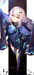  1girl armor armored_dress bangs blue_armor blue_dress breastplate breasts brown_eyes dress fairy_knight_lancelot_(fate) fairy_knight_lancelot_(first_ascension)_(fate) fate/grand_order fate_(series) faulds forked_eyebrows highres long_hair looking_at_viewer ninoude_(ninoude44) pauldrons short_dress shoulder_armor sidelocks small_breasts solo thighs weapon white_hair 