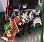  3girls akemi_homura apple bag black_footwear black_hair black_hairband black_pantyhose blue_footwear blue_hair boots cape detached_sleeves double_facepalm facepalm food fresh_pizza_girl_meets_raven_girl_(meme) fruit gloves gun hair_ornament hairband hand_on_own_face high_heels high_ponytail highres holding holding_bag holding_gun holding_weapon knee_boots long_hair m40u magical_girl mahou_shoujo_madoka_magica meme miki_sayaka multiple_girls musical_note musical_note_hair_ornament pantyhose parody pizza pizza_box pleated_skirt purple_eyes red_hair sakura_kyouko shopping_bag short_hair sitting skirt sleeping sleepy thighhighs train_interior weapon white_cape white_thighhighs window 