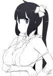  1girl bangs bare_shoulders black_hair bow bowtie breasts closed_mouth dress dungeon_ni_deai_wo_motomeru_no_wa_machigatteiru_darou_ka from_side gloves h2o_(ddks2923) hair_ornament hestia_(danmachi) highres large_breasts long_hair looking_at_viewer monochrome off_shoulder purple_eyes solo spot_color torn_clothes torn_dress twintails upper_body 