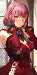  1girl black_gloves blurry blurry_background braid breasts clock closed_mouth commentary_request detached_sleeves gloves heterochromia highres hololive houshou_marine kobayashi_(jna_x_rgh) large_breasts looking_at_viewer red_eyes red_hair red_sleeves solo virtual_youtuber 