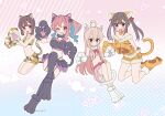  4girls :d ;) ahoge animal_ear_fluff animal_ears animal_hands aoau0210 bare_arms bare_shoulders bell black_garter_straps black_hair black_thighhighs blue_hair blush breasts brown_eyes brown_hair cat_ears cat_tail commentary_request flat_chest full_body fur-trimmed_shorts fur_choker fur_trim gloves grin hair_ornament hairclip highres hozuki_kaede hozuki_momiji jingle_bell large_breasts long_hair looking_at_another looking_at_viewer multicolored_hair multiple_girls neck_bell official_alternate_costume one_eye_closed onii-chan_wa_oshimai! open_mouth outline oyama_mahiro oyama_mihari paw_gloves paw_shoes pink_hair purple_hair red_eyes short_hair short_ponytail shorts siblings side_ponytail simple_background sisters skirt small_breasts smile stomach tail thighhighs twintails twitter_username two-tone_hair white_outline 