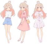  1girl ahoge bag bare_shoulders barefoot barefoot_sandals blue_skirt collared_dress commentary_request dress handbag komatsu_(sakanae) long_hair onii-chan_wa_oshimai! oyama_mahiro pink_dress shirt skirt sleeveless sleeveless_shirt socks strapless strapless_dress white_dress white_shirt 