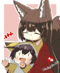  2girls :d ^_^ alternate_costume amagi_(azur_lane) animal_costume animal_ear_fluff animal_ears azur_lane bangs black_hair blunt_bangs brown_hair closed_eyes commentary_request eyeshadow fox_costume fox_ears fox_girl fox_tail hair_between_eyes hair_ornament japanese_clothes kaga_(kancolle) kantai_collection kyuubi long_hair long_sleeves looking_at_another makeup multiple_girls multiple_tails sidelocks signature simple_background smile tail taisa_(kari) thick_eyebrows twitter_username two-tone_background wide_sleeves 
