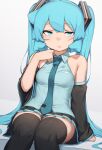  1girl abmayo bangs bare_shoulders black_skirt black_sleeves breasts detached_sleeves grey_shirt hair_ornament hatsune_miku long_hair looking_at_viewer miniskirt necktie shirt sitting skirt solo thighhighs twintails vocaloid 