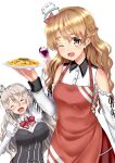  2girls ;d ^_^ absurdres apron bare_shoulders blonde_hair braid breasts brown_eyes closed_eyes cup drinking_glass drunk facing_viewer food french_braid grey_hair hair_between_eyes hat highres himura_moritaka holding holding_cup holding_plate kantai_collection large_breasts long_hair looking_at_viewer mini_hat multiple_girls one_eye_closed pasta plate pola_(kancolle) red_apron red_skirt saliva shirt simple_background skirt smile spaghetti wavy_hair white_background white_shirt wine_glass zara_(kancolle) 