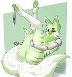 2_tails anthro anus blep breasts butt claws clothing eye_scar facial_scar felid feline female fluffy fluffy_tail fur generation_9_pokemon genitals green_body green_fur green_nipples green_pawpads hi_res looking_at_viewer lying mammal mechanical_arm multi_tail nintendo nipples notched_ear nude on_back panties pawpads pokemon pokemon_(species) prosthetic prosthetic_arm prosthetic_limb pussy raxel scar small_breasts solo sprigatito tail tongue tongue_out underwear 