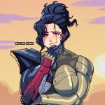  1girl artist_name black_hair breasts butter_sugoi commentary cyborg eyes_visible_through_hair genderswap genderswap_(mtf) highres large_breasts metal_gear_(series) metal_gear_rising:_revengeance ponytail red_eyes samuel_rodrigues scar scar_across_eye smile solo upper_body 