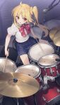  1girl ahoge bangs blonde_hair blue_skirt blush bocchi_the_rock! bow bowtie checkered_floor collared_shirt commentary_request cymbals drum drum_set drumsticks from_above hair_ornament hair_scrunchie highres holding holding_drumsticks ijichi_nijika instrument kaito_(k4itoh) long_hair microphone miniskirt music open_mouth parted_bangs playing_instrument pleated_skirt red_bow red_bowtie red_eyes school_uniform scrunchie shimokitazawa_high_school_uniform shirt shirt_tucked_in short_sleeves side_ponytail sidelocks sitting skirt solo thighs white_shirt yellow_scrunchie 