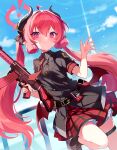  abusoru belt belt_bag blue_archive boots cloud commentary hair_between_eyes halo highres horns junko_(blue_archive) leg_up long_hair looking_at_viewer military military_uniform red_eyes red_hair sky twintails uniform weapon wings 