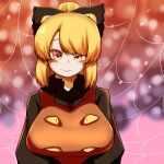  1girl bangs black_bow black_shirt blonde_hair blurry blurry_background blush bow breasts brown_background brown_dress brown_eyes closed_mouth collared_shirt commentary_request dress extra_eyes frilled_shirt_collar frills hair_bow hair_bun highres kurodani_yamame large_breasts long_sleeves looking_at_viewer medium_hair pinafore_dress rinyamame shirt silk smile solo spider_web touhou upper_body 