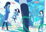  2girls 5girls air_bubble black_hair black_socks book bubble fish goggles hallway holding holding_book juu_ho long_hair multiple_girls no_eyes open_mouth original school school_uniform skirt socks teeth underwater upper_teeth_only waving white_footwear 