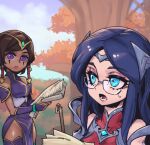  2girls bangs bare_shoulders bespectacled brown_hair cloud dark-skinned_female dark_skin day dress gem glasses irelia karma_(league_of_legends) league_of_legends long_hair lower_teeth_only multiple_girls open_mouth outdoors parted_hair phantom_ix_row purple_dress purple_eyes purple_hair purple_thighhighs shiny_skin short_hair teeth thighhighs tree 