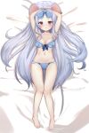 1girl animal_ears bed blue_archive blue_dress breasts dress ear_tag grey_hair highres long_hair looking_at_viewer lying mouse_ears on_back red_eyes saya_(blue_archive) small_breasts sumbird underwear very_long_hair white_hair 