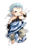  1boy aged_down barefoot blanket blue_eyes character_print child commentary_request dakimakura_(medium) earrings full_body grey_hair jean_pierre_polnareff jewelry jojo_no_kimyou_na_bouken male_child male_focus no_eyebrows one_eye_closed rubbing_eyes silver_chariot solo stardust_crusaders tianel_ent twitter_username 