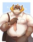  2022 anthro azhdaha bag clock clothing david_rrigel dragon genshin_impact hand_in_pocket hi_res horn male mihoyo necktie office_clothing overweight overweight_male pockets portrait shirt simple_background solo topwear vishap_(genshin_impact) watch white_clothing white_shirt white_topwear 