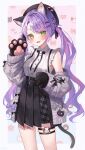  1girl animal_ear_fluff animal_ears animal_hands aran_sweater beret bibi_(tokoyami_towa) black_bow black_bowtie black_headwear black_ribbon black_skirt bling_(epvc5242) blush border bow bowtie cable_knit cardigan cat_ears cat_paws cat_tail collared_shirt colored_inner_hair fang frilled_shirt frills green_eyes grey_cardigan hair_ornament hair_ribbon hairclip hat heart_o-ring high-waist_skirt highres hololive leg_tattoo looking_at_viewer multicolored_hair o-ring o-ring_thigh_strap off_shoulder open_cardigan open_clothes open_mouth pink_hair pleated_skirt pom_pom_(clothes) purple_hair ribbon shirt sidelocks skirt smile solo streaked_hair suspender_skirt suspenders sweater tail tattoo thigh_strap tokoyami_towa twintails twitter_username virtual_youtuber white_border white_shirt x_hair_ornament 