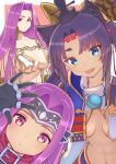  3girls armor black_gloves blue_eyes breasts cleavage collar fate/grand_order fate_(series) frown gloves gorgon_(fate) hat huge_breasts japanese_armor large_breasts long_hair medusa_(fate) medusa_(lancer)_(fate) multiple_girls navel nyantiu open_mouth purple_eyes red_collar revealing_clothes scales ushiwakamaru_(fate) 