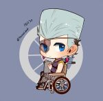  1boy blue_eyes chibi commentary_request dated earrings eyepatch from_side full_body grey_hair jean_pierre_polnareff jewelry jojo_no_kimyou_na_bouken knee_pads korean_commentary male_focus prosthesis prosthetic_leg scar scar_across_eye solo tianel_ent twitter_username vento_aureo wheelchair 