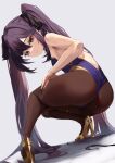  1girl absurdres aqua_eyes ass bare_shoulders black_hair breasts brown_pantyhose closed_mouth commentary from_behind full_body genshin_impact gold_footwear gold_trim high_heels highres leotard long_hair looking_at_viewer looking_back mona_(genshin_impact) no_headwear onzzy pantyhose purple_leotard small_breasts smile solo squatting thighlet thighs twintails very_long_hair 
