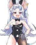  1girl alternate_costume animal_ears blue_archive bow breasts ear_tag fake_animal_ears hair_bow happy highres kohsuke_krsk long_hair looking_at_viewer mouse mouse_ears open_mouth playboy_bunny red_eyes saya_(blue_archive) single_leg_pantyhose small_breasts very_long_hair 